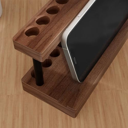 Pencil & Pen Holder for Desk, Solid Walnut Pen Display Stand with 9 Slots and Cell Phone Holder, Aesthetic Pen Organizer for Minimalist Office Desk Decor