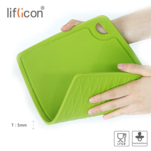 Liflicon Thick Cutting Boards for Kitchen Silicone Chopping Board Set of 2 Mid 12.6'' x 9.1”,Mini 9.1”x7.1” Non-slip Deep Drip Juice Groove Easy Grip Handle,Dishwasher Safe-Green - color: Green, size: 9.1"L x 7.1"W & 12.6"L x 9.1"W