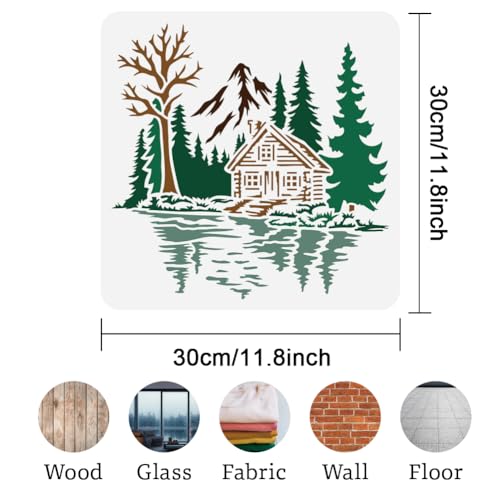 Forest Cabin Tree Stencil for Painting, 11.8"x11.8" Reusable The Lake House Stencil Drawing Template, DIY Craft Paint Template for Wall Home Decor Wood Burning Card Canvas Journal - style: Forest