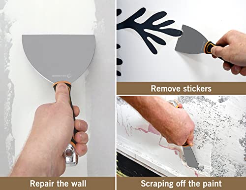 ROLLINGDOG 3PC Putty Knife Set (1.5", 3", 6") | Stainless Steel Spackle Knife Set, Ergonomic Rubber Gripped Handle, for Scrapering, Drywall Repairs and Spreading