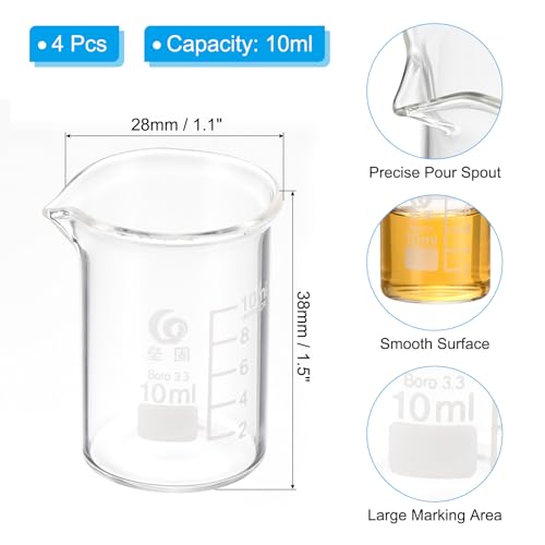 PATIKIL 10ml Low Form Glass Beaker, 4Pcs 3.3 Borosilicate Glass Beakers Graduated Measuring Cup with Spout for Lab Experiment, Cooking and Baking, Clear - size: 10ml