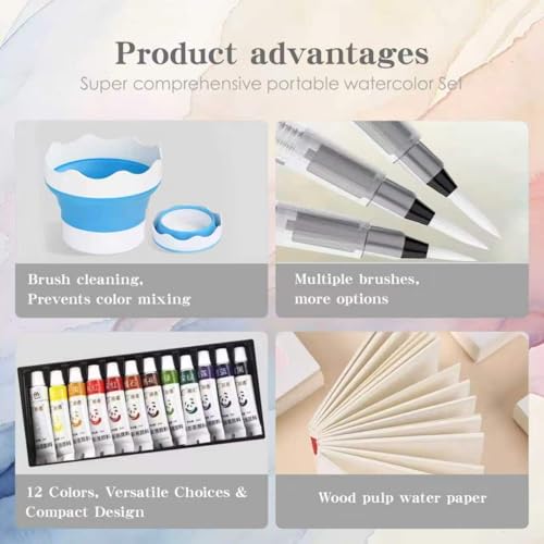 Mini Watercolor Paint Travel Set 15 Grid Palette Wooden Paint Box | Wooden Grid Paint Box with Refillable Water Brush，12 Colors，Wooden Palette，Sketchbook for Kids Painters Students - color: 15 Grid
