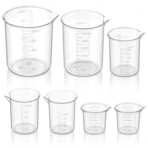 7 Pcs Plastic Graduated Beakers, 30/50/100/150/200/500ml Transparent | Plastic Measuring Cups for Kitchen Lab, Graduated Beaker for Epoxy and Resin, Mixing Cups for Crafts and Science, Clear