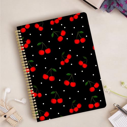 Cute Spiral Notebook journal A4 Aesthetic Pretty Design for Women Girls Kawaii with Pocket, 8.5 x 11 inch, Lined, Cherry - color: Cherry, style: Lined