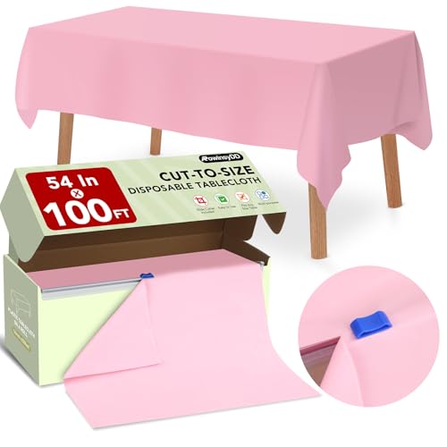 RowinsyDD 54 in X 100 FT Pink Plastic Table Cover Roll with Slide Cutter | Disposable Plastic Table Cloths,Disposable Table Cloths Disposable for Dinning, Parties, BBQ, Wedding, Birthdays, Outdoor - color: Pink, size: 1200" x 54" (Rectangular)