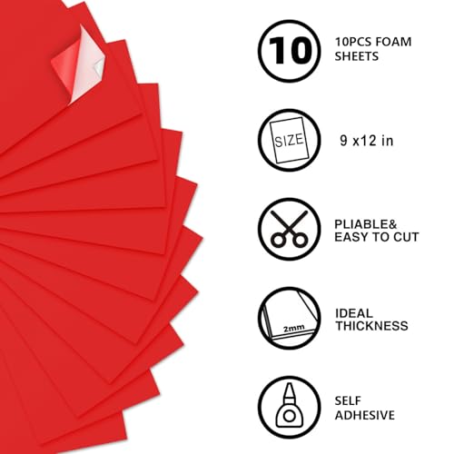 MEARCOOH Self Adhesive Foam Sheets, Red 9x12 Inch 2mm Sticky Eva Foam Paper for Crafts Cardmaking Photo Frames Classroom Scrapbooking Christmas Crafts (Red 10 Sheets) (Pack of 2) - color: Red Self-adhesive, size: 9X12in-2mm (Pack of 2)