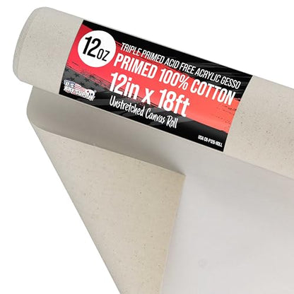 U.S. Art Supply 12-Ounce Triple Primed Gesso 12" Wide x 18' Long (6 Yards), 100% Cotton, Acid-Free - Unstretched Canvas Rolls for Painting, Oil & Acrylic, Murals - Cut to Frame Size - size: 12-Inch-x-6-Yards