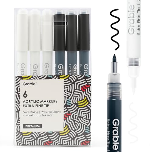 Grabie 6 Pack of Black & White Acrylic Paint Markers, 0.7 mm Extra Fine Tip | Extra Fine Tip, Quick Drying, Waterproof And Fade Resistant, Fine Details And Highlights, Rock Glass Wood Canvas Ceramic - color: Black, White