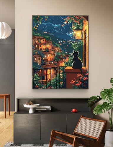 Landscape Paint by Numbers Kit for Adults Beginner,City Scape Cat,16x20" | Full set with wooden brushes,rolled canvas,rich paints.Calming activity.Beginner friendly.Just open and paint. - color: 16"X20"Rolled Canvas(Frameless)-Cat 7