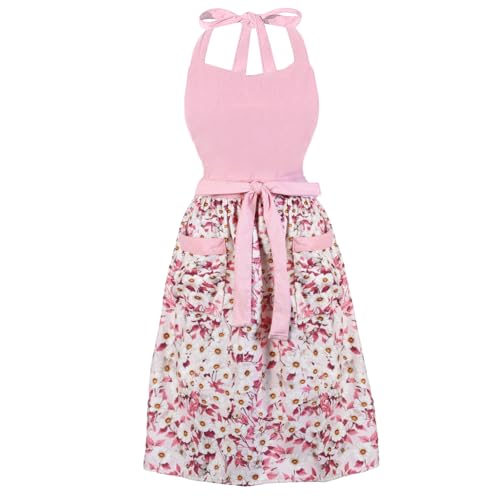 Cute Floral Apron for Women with Pockets, Cotton, Adjustable Straps - color: Rose Pink