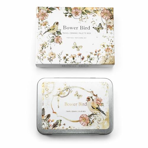 Bower Bird Travel Watercolor Palette,Portable Ceramic Palette 6 Well,Empty Paint Palette,Small Travel Metal Paint Boxwith Porcelain Palette (6Well)