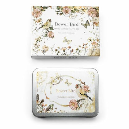 Bower Bird Travel Watercolor Palette,Portable Ceramic Palette 6 Well,Empty Paint Palette,Small Travel Metal Paint Boxwith Porcelain Palette (6Well)