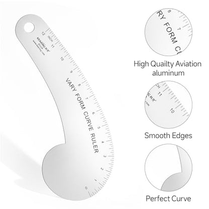 Kearing Vary Form Curve Ruler 12“ French Curve Ruler for Pattern Making, Aviation Aluminum Hip Curve Ruler for Measuring Sewing - style: 6112A(12")
