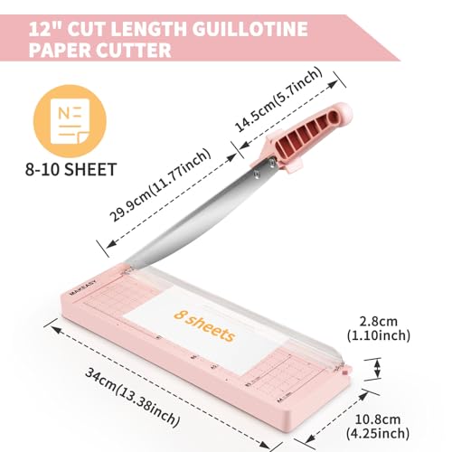 MAKEASY Paper Cutter 12 Inch, Guillotine Paper Cutter with 8 Sheet Capacity, Heavy Duty Paper Cutter for Cardstock, Paper Trimmer for Crafting, Classroom and Office, Pink - color: Pink