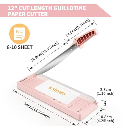 MAKEASY Paper Cutter 12 Inch, Guillotine Paper Cutter with 8 Sheet Capacity, Heavy Duty Paper Cutter for Cardstock, Paper Trimmer for Crafting, Classroom and Office, Pink - color: Pink