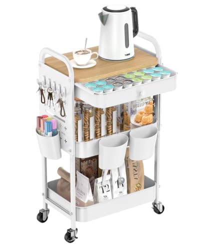 ALVOROG 3 Tier Metal Rolling Cart with Drawer,Wood Top,Pegboards,White | Storage Utility Cart with Drawers,Pegboards,Lockable Wheels,Baskets,Hooks for Kitchen,Office,Bedroom,DIY Supplies - color: White