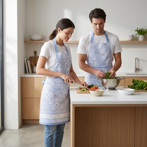 FINGERCRAFT Apron, Dual Pocket, Adjustable Tie, Multipurpose Washable Bib Apron for Home, Kitchen, Chef and Professionals - color: Azure Garden