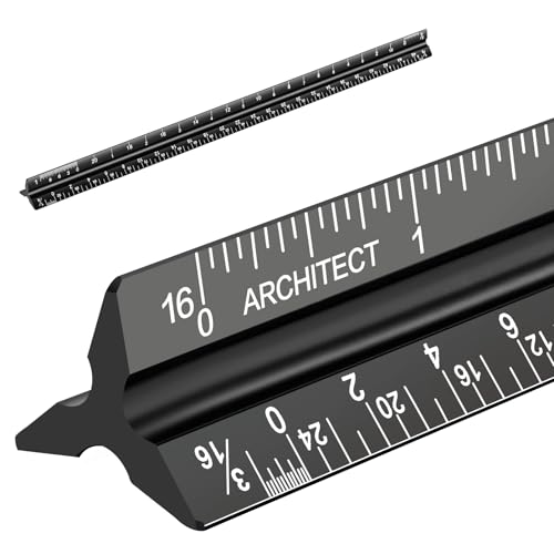 Architectural Scale Ruler, Imperial Measurements 12'' | Black, Laser-Etched Aluminum Architect Triangular Ruler for Architects, Students, Draftsman, and Engineers - style: Black-A