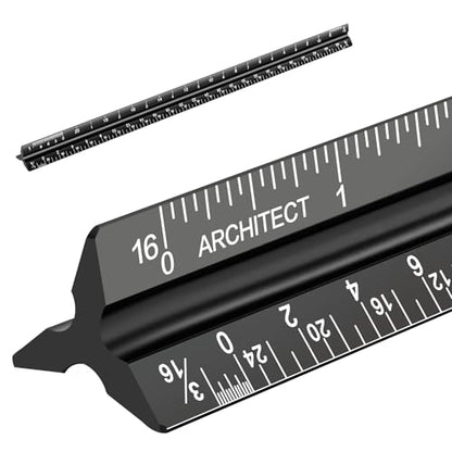 Architectural Scale Ruler, Imperial Measurements 12'' | Black, Laser-Etched Aluminum Architect Triangular Ruler for Architects, Students, Draftsman, and Engineers - style: Black-A