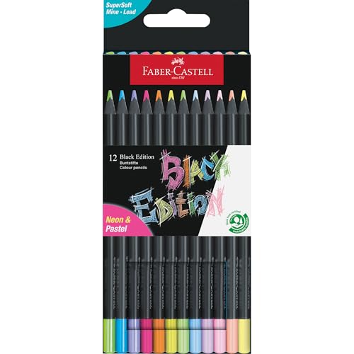 Faber-Castell Black Edition Colored Pencils, Neon & Pastel Colors - color: Neon + Pastel, size: 12 Count (Pack of 1)