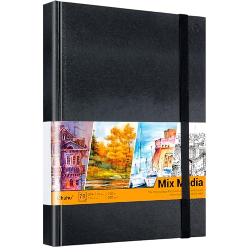 Ohuhu 10"x7" Mix Media Pad Art Sketchbook 78 Sheets for Painting Drawing | Large Sketch Book - 120 LB/200 GSM Heavyweight Paper - Hardcover Mixed Media Sketch Pad for Watercolor Acrylic Christmas Gift - size: 10" x 7"