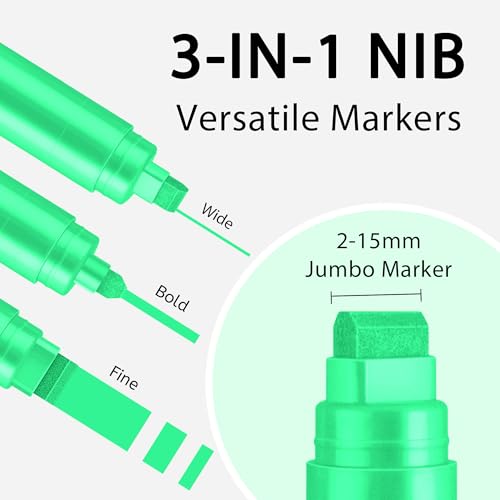 BIGTHUMB 3 Pcs Green Jumbo Permanent Markers: 15mm Wide Tip Thick Acrylic Paint Pen Large Calligraphy Marker for Rock Painting, Poster, Sign, Canvas, Glass, Wood, Ceramic - color: Green