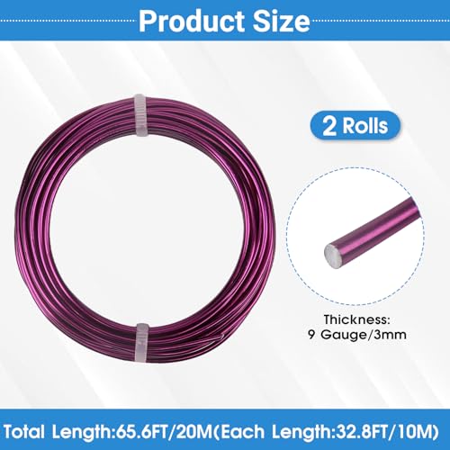 2 Rolls Aluminum Craft Wire, 9 Gauge (3mm) Flexible Metal Wire for Jewelry Making, 65.6 Ft (32.8 Ft/Roll) Bendable Armature Wire for Bonsai, Sculpting and DIY Crafts [Purple] - size: 9Gauge 32.8Ft Each, style: Purple