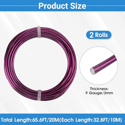 2 Rolls Aluminum Craft Wire, 9 Gauge (3mm) Flexible Metal Wire for Jewelry Making, 65.6 Ft (32.8 Ft/Roll) Bendable Armature Wire for Bonsai, Sculpting and DIY Crafts [Purple] - size: 9Gauge 32.8Ft Each, style: Purple