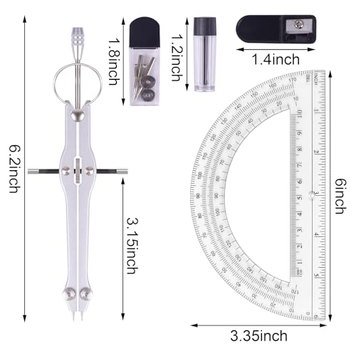 Unjoo Compass and Protractor Set, Math Compass for Geometry (Black) | Professional Drawing Compass Tool, Metal Compass with Extra Refills, 6 Inch Math Protractors 180 Degree, For School, Office - color: Black