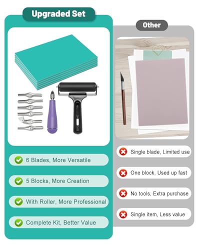 UCEC 5+7 Pack Linocut Wood Carving Tools & Linocut Block Printing Kit – Includes 5 Soft 4" x 6" Linoleum Blocks and Lino Cutting Tools with 6 Blades Universal Size, 4’’ Brayer Roller, Complete Rubber