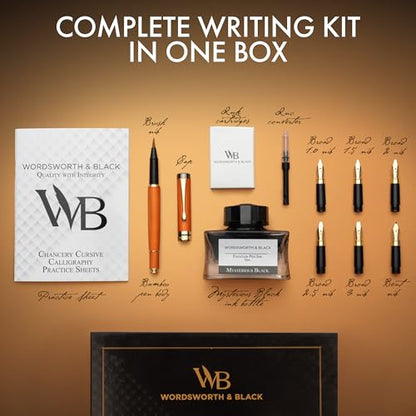 Wordsworth & Black Luxury Bamboo Cherry Calligraphy Pen Set, 6 Nibs | Fountain Ink Bottle, Cartridges , Refill Converter, Gift for Men , Women, Smooth Writing, Journaling , Lettering - color: Cherry Wood