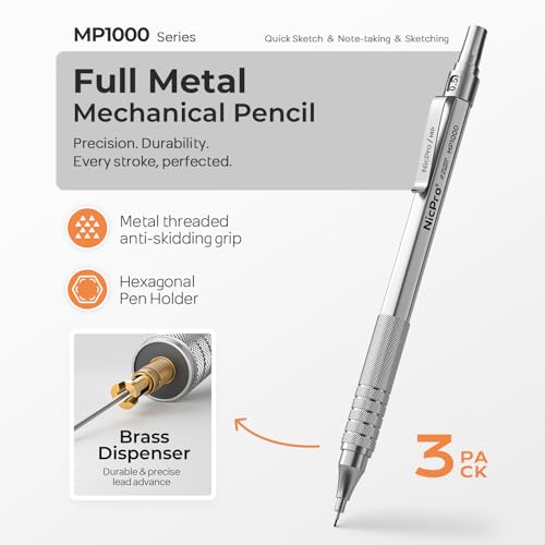 Nicpro 0.5 Mechanical Pencil Set with Case, 3PCS MP1000 Metal Artist Pencil | 480PCS HB Lead Refills 0.5mm, 3 Erasers,9 Eraser Refills For Architect Writing Drafting, Drawing, Engineering, Sketching - color: Silver, style: 0.5 MM