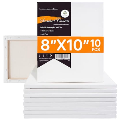 conda 8x10 inch Stretched Canvas for Painting, Pack of 10, 100% Cotton, 5/8 in Profile Blank Stretched Canvas Value Bulk Pack Art White Canvas for Acrylics, Oils Painting - size: 8x10 inch