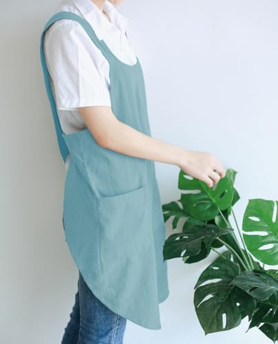 NEWGEM Japanese Cotton Linen Cross Back Cooking Apron for Women Men with Pockets Cute for Baking Kitchen - color: 10 - Women's Light Blue