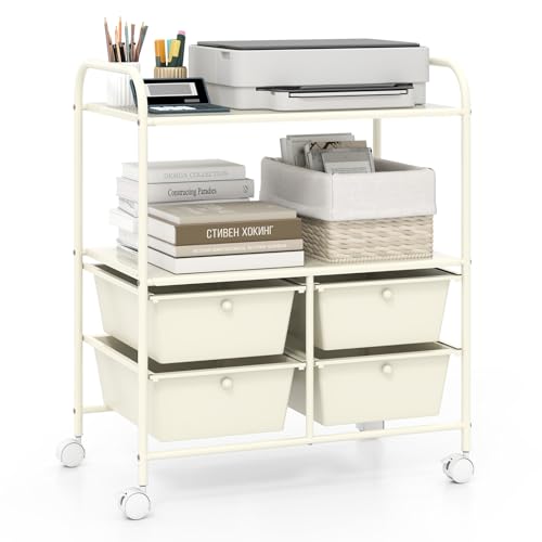 Giantex Rolling Storage Cart w/ 4 Drawers 2 Shelves Metal Rack Shelf Home Office School Beauty Salon Utility Organizer Cart with Wheels, Ivory - color: Ivory, size: 4 Drawer-25"x14.5"x29.5"