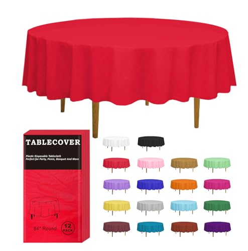 D&Z 12 Pack Red Disposable Plastic Tablecloth, 84" Round Table Cover - color: Red, size: 12 Pack 84" Round