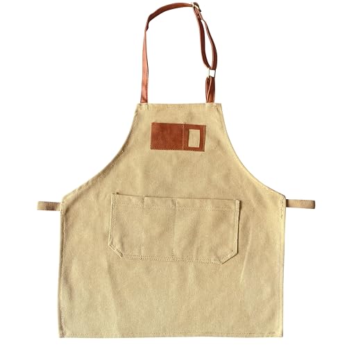Canvas Aprons for Kids, Childrens Aprons with 4 Pockets and Card Slot Pocket for Painting Crafting Kitchen - color: Khaki