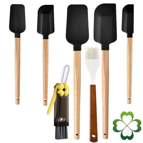 7 Piece Silicone Spatula Set, Food Grade Rubber Spatula Set with Wooden Handle, Heat Resistant Up to 600°F, Silicone Utensils Set for Baking, Cooking & Mixing, Jar, Non-Stick Kitchen Utensils(Black) - color: Black