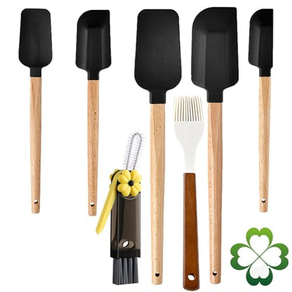 7 Piece Silicone Spatula Set, Food Grade Rubber Spatula Set with Wooden Handle, Heat Resistant Up to 600°F, Silicone Utensils Set for Baking, Cooking & Mixing, Jar, Non-Stick Kitchen Utensils(Black) - color: Black