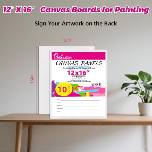 10 Pack 12"x16" Canvas Panels 100% Cotton for Acrylics & Oils | Gesso Triple Primed, Acid-Free & Non-Toxic, Art Painting Supplies for Gifts, Canvas Boards Ideal for Kids, Adults & Artists - size: 12x16" - 10Pack