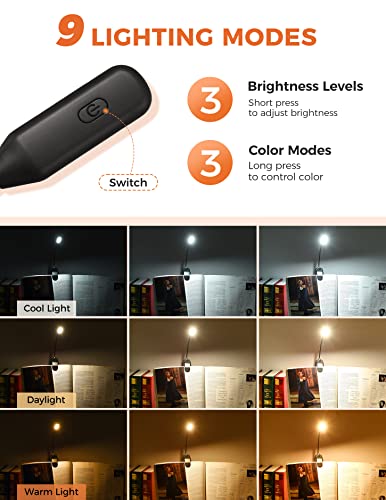 Monotremp Rechargeable Book Lights for Reading at Night, Clip-On 3 Colors - color: Black