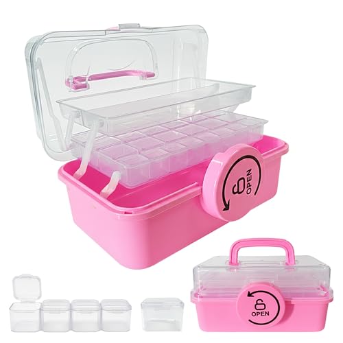 3-Layer Craft Organizer with 18 Small & 8 Mini Compartments,Pink