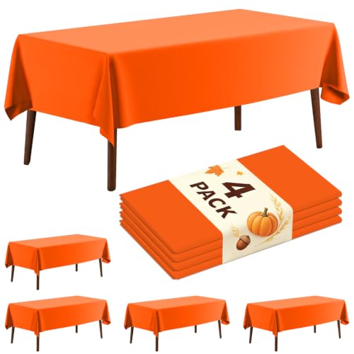 4 Pack Plastic Tablecloth 54" x 108"Disposable Orange Tablecloth Rectangle Plastic Table Cover for 6 to 8 Foot Tables Indoor or Outdoor Parties Birthdays Weddings Christmas - color: Orange Tablecloth