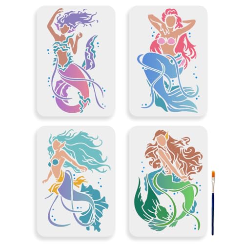 MAYJOYDIY 4pcs Mermaid Stencil 11.7×8.3inch Large Sea Ocean Creatures Stencils with Paint Brush Dreamy Sea Life Stencils Drawing Template for DIY Craft Furniture Wood Canvas Paper - color: Mermaid