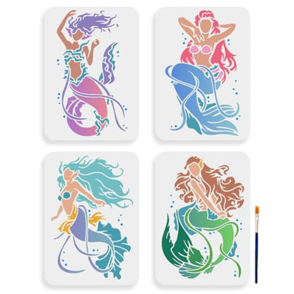 MAYJOYDIY 4pcs Mermaid Stencil 11.7×8.3inch Large Sea Ocean Creatures Stencils with Paint Brush Dreamy Sea Life Stencils Drawing Template for DIY Craft Furniture Wood Canvas Paper - color: Mermaid