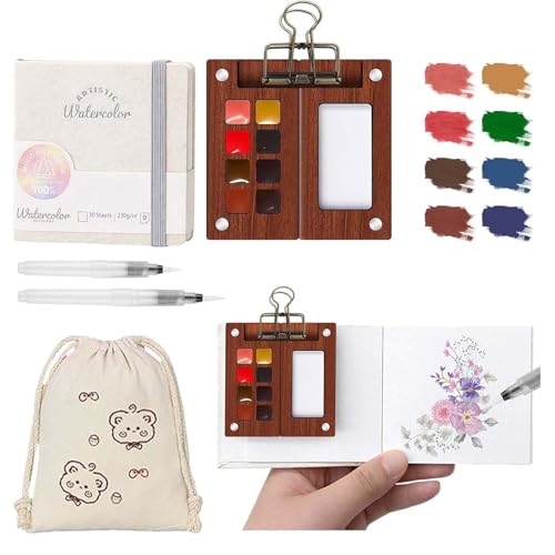 Mini Watercolor Paint Set – Travel Watercolor Set with 8 Color Palette, 230g Sketchbook, Water Brushes, Clip & Storage Bag, Pocket Size Portable Water Color Kit for Artists, Students & Beginners - color: Red 8 Colors