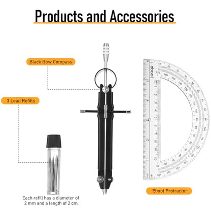 EBOOT Student Geometry Math Set, Metal Drawing Compass and 6 Inch Clear Swing Arm Protractors 180 Degree Math Protractor(Black) - color: Black