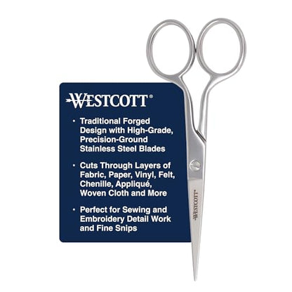 Westcott 5in Forged Fabric and Paper Scissors, Precision Scissors for Embroidery Detail, Sewing, Quilting, Tailoring, Arts and Crafts - size: 5-Inch Straight