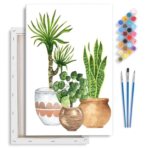 Yezavesu Framed Paint by Numbers Kit for Adults Beginner & Kids Ages 8-12, Easy Green Plant Paint by Numbers with Frame, DIY Number Painting for Adults Plants for Home Wall Decor Gift 8X 12 inch | With Frame Canvas 8x12 inch, DIY Acrylic Painting by Numbe