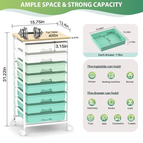 Goovilla Rolling Cart with 8 Drawers for Art, Dorm, Office, Craft, Green